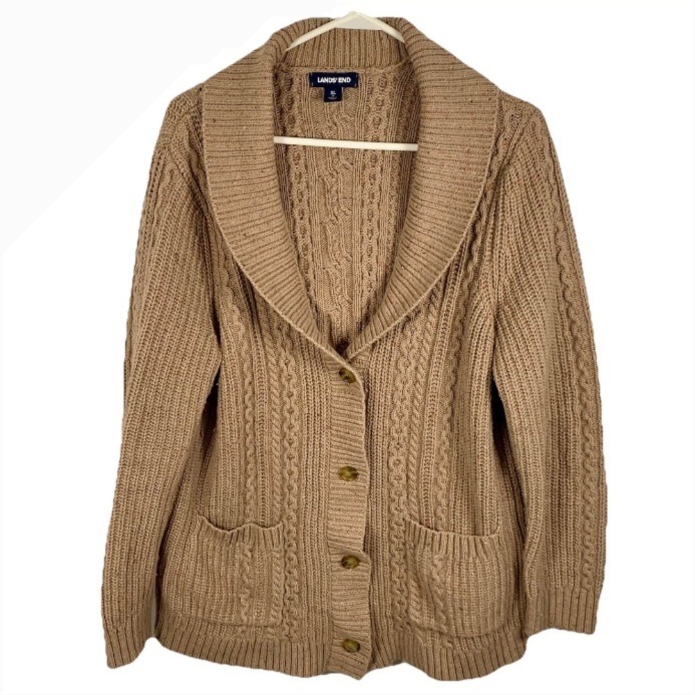 Lands End Shawl Collar Cable Knit Cardigan‎ Sweater Women's XL 18 Tan Wool Blend